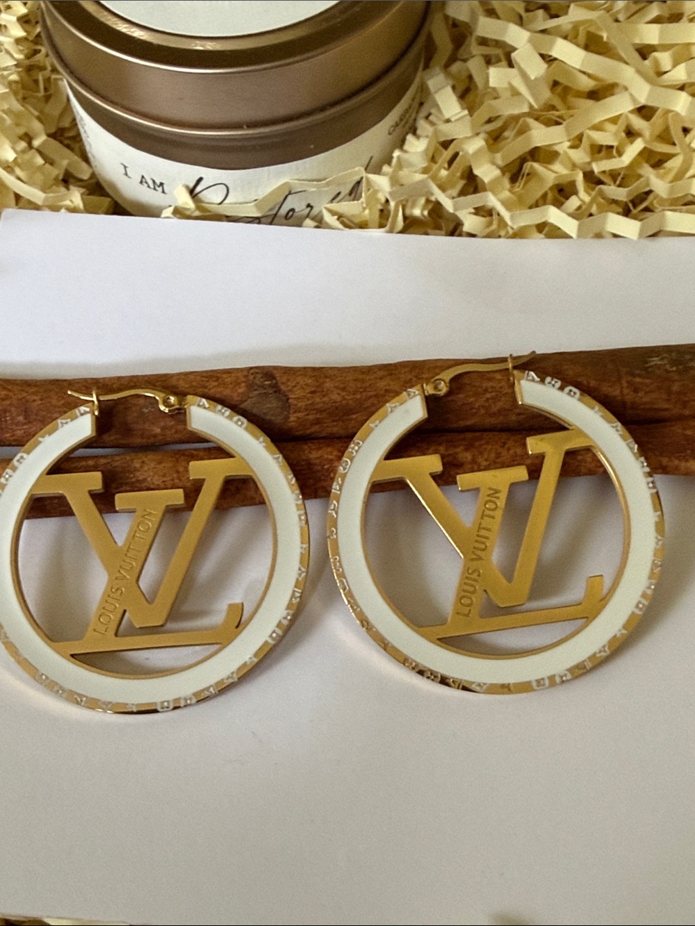 Fashion Jewelry White and Gold LV Monogram Hoop Earrings